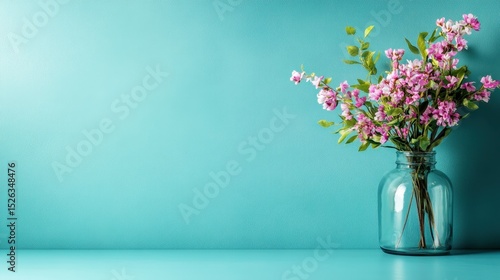 Wallpaper Mural A delicate bouquet of pink flowers arranged in a clear glass vase, set against a turquoise background, expressing beauty, love, and the uplifting emotions of nature's artistry. Torontodigital.ca