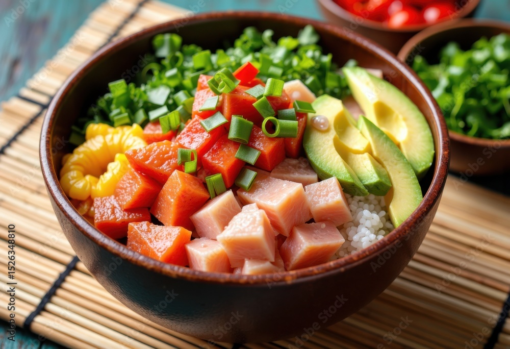 Colorful poke bowl with fresh vegetables, avocado, and diced fish served in a wooden bowl Colorful poke bowl with fresh vegetables, avocado, and diced fish served in a wooden bowl
