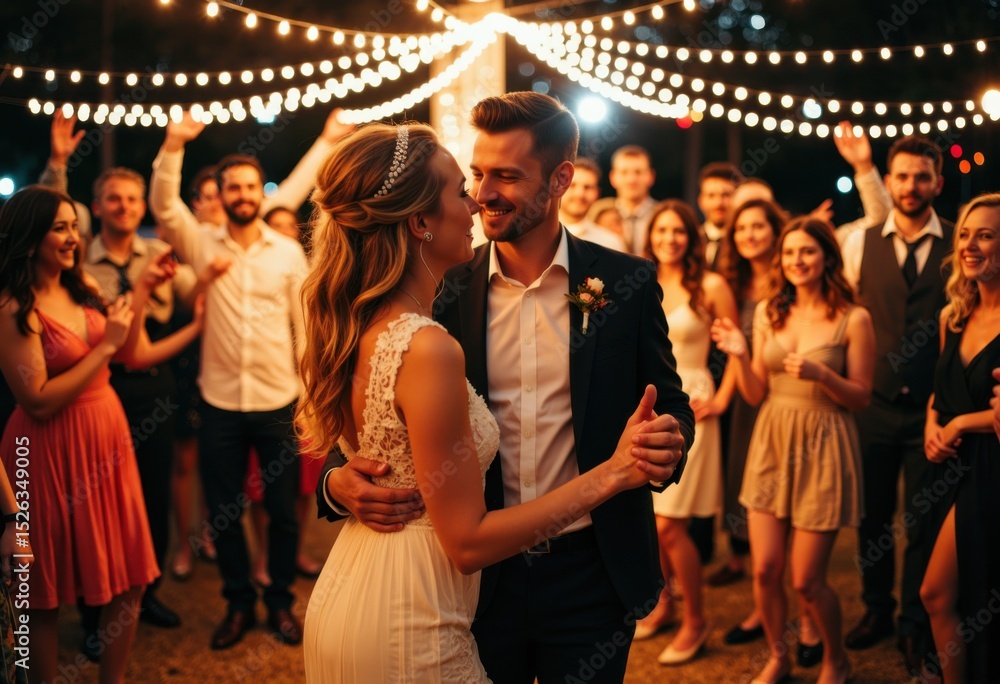 Fototapeta premium A newlywed couple shares a dance at their wedding reception surrounded by friends and family under string lights