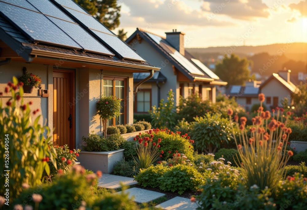 Fototapeta premium Beautiful suburban houses with solar panels and vibrant gardens during sunset