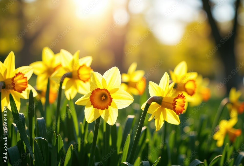 Obraz premium Bright yellow daffodils bloom in sunlight during springtime in a lush garden scene