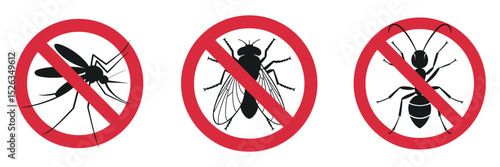 No Mosquitoes Flies and Ants Allowed Sign Pest Control Concept Vector Illustration Isolated on White Background Insecticide and Extermination