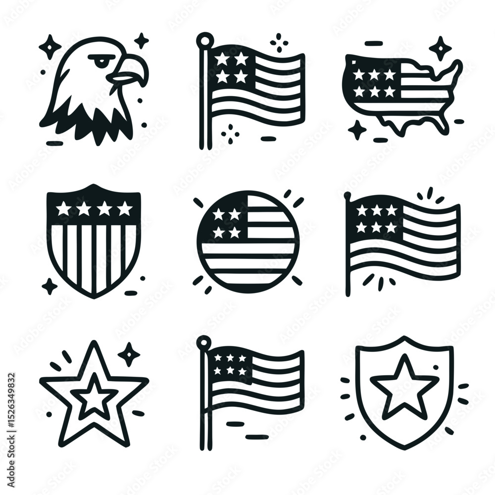 Naklejka premium Flags icon USA nine black and white icons representing the United States suitable for patriotic designs, educational materials, and historical presentations.
