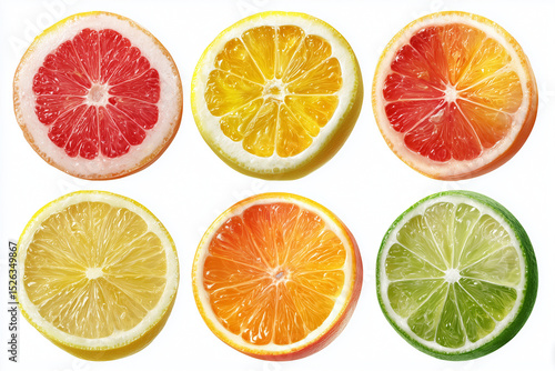 Citrus fruit wheel slices of grapefruit, orange, lemon, lime PNG set, cutout isolated on transparent background. Fresh drink garnish decoration graphic resource