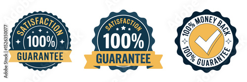 Three Vector Satisfaction and Money Back Guarantee Badges in Blue and Yellow Colors for E Commerce and Online Shopping Websites and Marketing