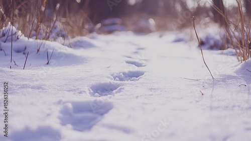 Footprints in the snow leading to a soft blurred horizon of trees