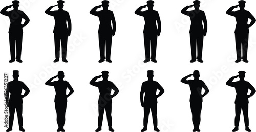 Military salute vector illustration, standing army personnel icons, uniformed silhouettes, respectful pose, defense service gesture, soldier hand salute design