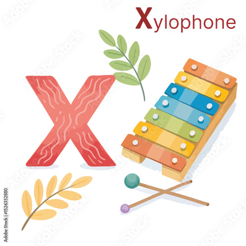 Colorful xylophone illustration with letter X for children's educational materials and activities
