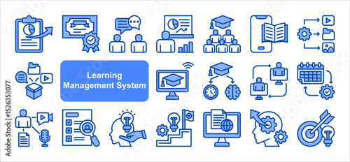 Learning management System icon collection set. Containing blended, virtual classroom, courseware, gamification, assessment, synchronous, course catalog icon. Simple line vector.