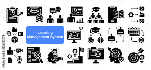 Learning management System icon collection set. Containing blended, virtual classroom, courseware, gamification, assessment, synchronous, course catalog icon. Simple flat vector.