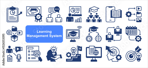 Learning management System icon collection set. Containing blended, virtual classroom, courseware, gamification, assessment, synchronous, course catalog icon. Simple flat vector.