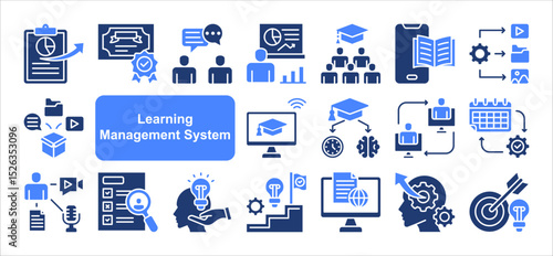 Learning management System icon collection set. Containing blended, virtual classroom, courseware, gamification, assessment, synchronous, course catalog icon. Simple flat vector.