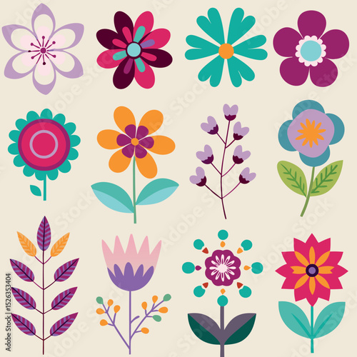 Colorful flat design flowers illustration with various floral arrangements in simple and modern style