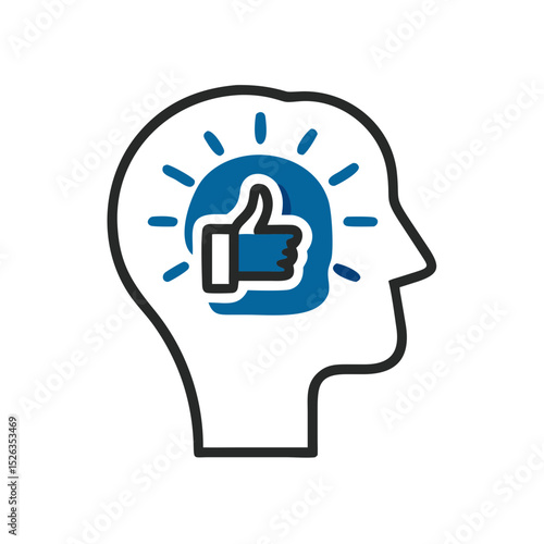 Icon of a person's head with a thumbs up symbol representing a positive mindset