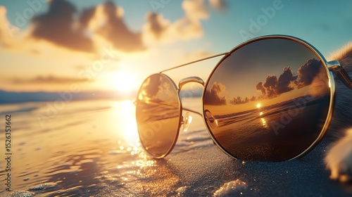 Wallpaper Mural Stylish pair of sunglasses resting on warm sandy beach with gentle waves in the background Torontodigital.ca