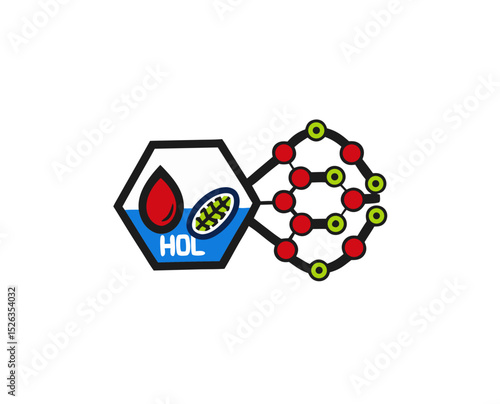 Chemical structure of good cholesterol with HOL label and red droplet on a white background