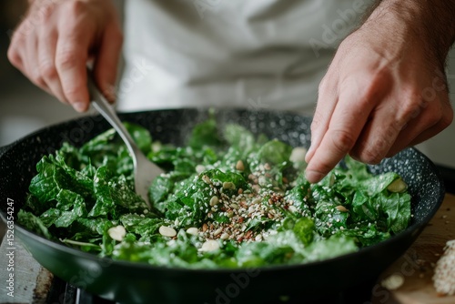 Wallpaper Mural Male adult cooking spinach salad with seeds and nuts in black pan Torontodigital.ca