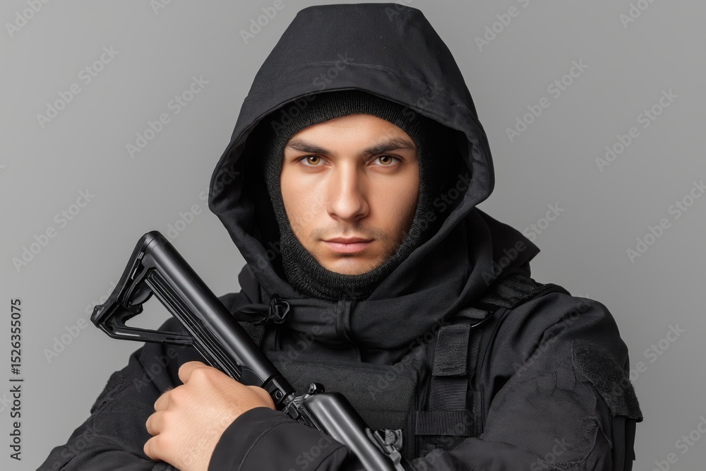 Obraz premium A person in dark, tactical clothing and a hood, holding a rifle