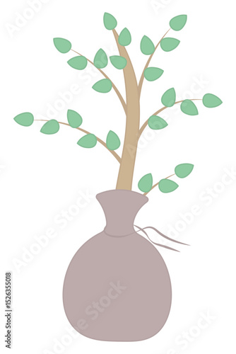 Young tree for planting Bush with green leaves wrapped in a brown canvas bag Illustration Cartoon