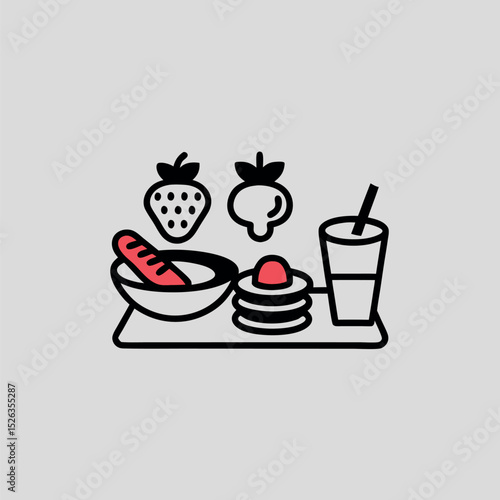 Delightful illustrated breakfast featuring strawberries, pancakes, and a refreshing drink on a tray