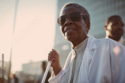 Confident blind, visually impaired disability senior woman with sunglasses