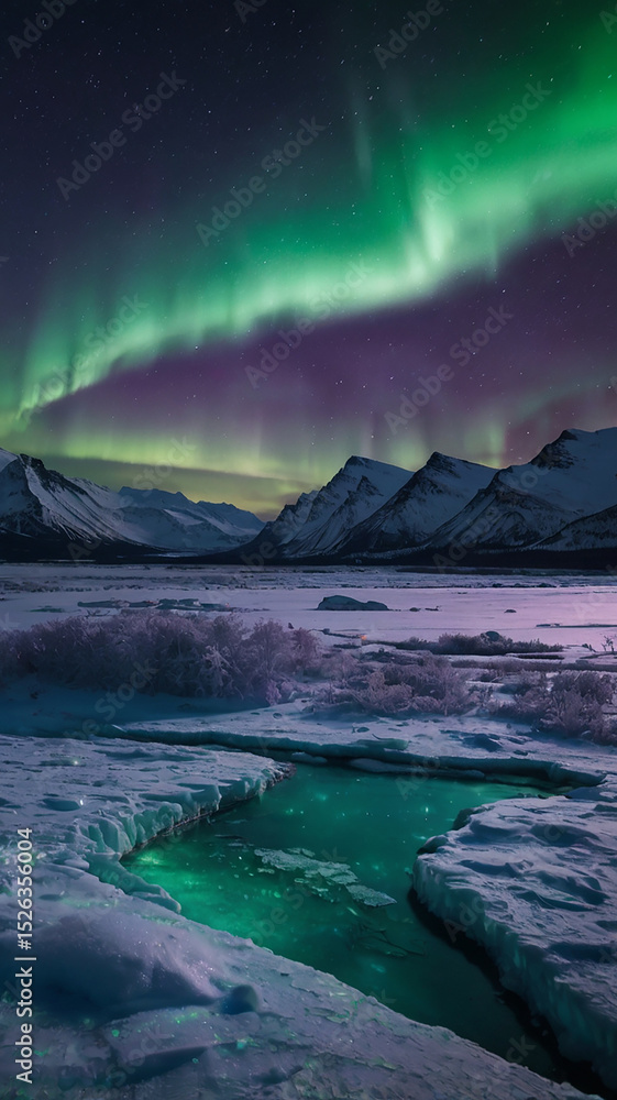 Naklejka premium Frozen Tundra with Aurora Borealis