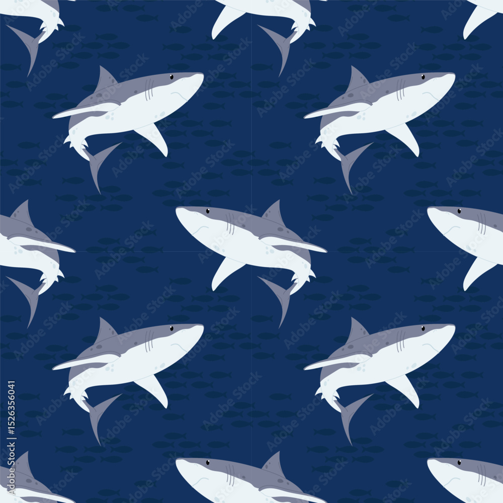 Obraz premium Seamless pattern with a grey shark on deep blue background. For ocean-themed textiles, wallpapers and packaging, postcards or covers.
