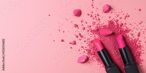 International makeup day with lipstick and cosmetics idea. Lipsticks on a pink background with scattered makeup elements.