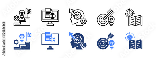 Learning management System icon with Learning Journey, Online Course, Self Development, Objective, Synchronous.