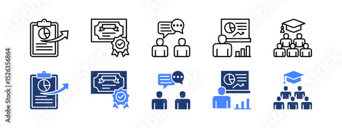 Learning management System icon with Reporting, Certification, Discussion, Statistics, Graduation.