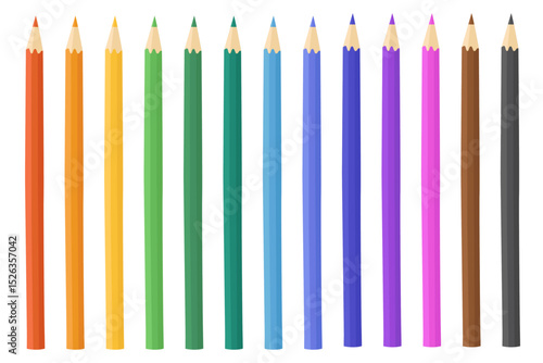 Colored pencils collection, long colored wooden pencils of different colors, rainbow colors. Vector illustation. Stationery, accessories for drawing, art.
