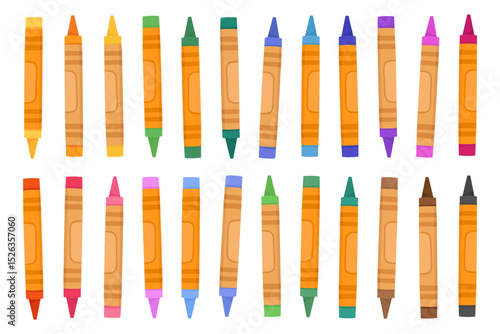 Collection of multi-colored wax crayons, oil crayons on a white background, rainbow colors. Stationery, accessories for drawing, art.