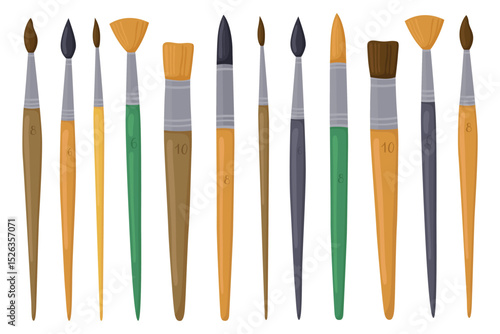 Collection of different brushes for painting. Brushes of different shapes and sizes.  Stationery, accessories for drawing, art.