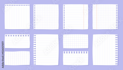 Collection of blank sheets of white paper in a checkered or striped pattern. Notebook sheets, notepad pages, notes sheets, clean blanks.