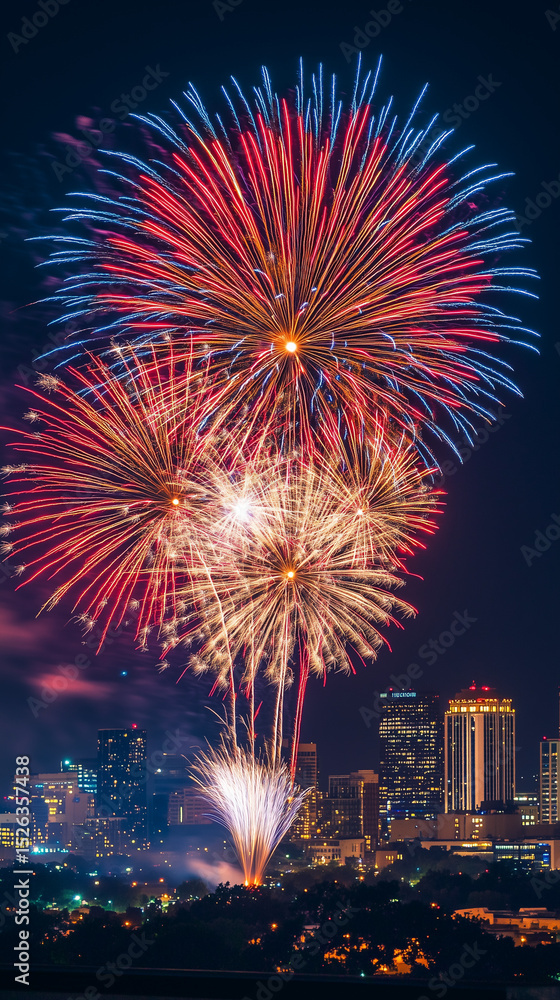 A dazzling display of red, white, and blue fireworks lights up the night sky over a vibrant city skyline, celebrating Independence Day in the United States. The colorful bursts illuminate the building A dazzling display of red, white, and blue fireworks lights up the night sky over a vibrant city skyline, celebrating Independence Day in the United States. The colorful bursts illuminate the building