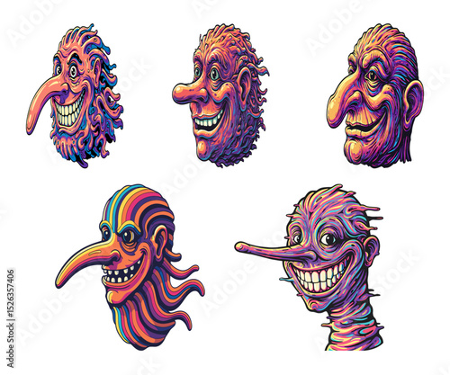 Cartoon monster faces exaggerated features painterly expressive texture, colorful cartoonish fictional characters with long noses. 
