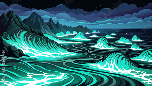 Vector illustration of a beach with glowing bioluminescent waves at night ideal for magical ocean scenes, night nature wonders, and dreamy coastal visuals