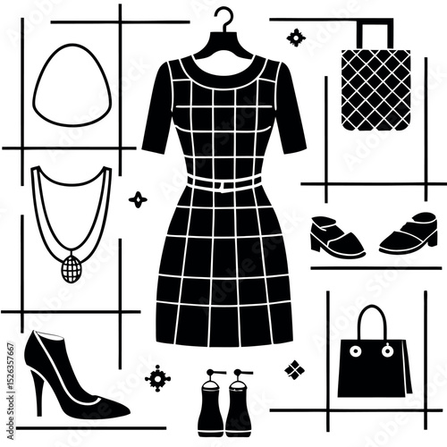 Stylish monochrome fashion illustration of dress accessories and clothing items in minimalist design