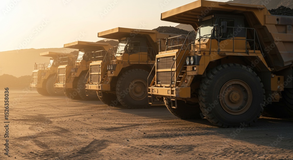 Obraz premium Row of massive yellow mining dump trucks parked on dusty ground at sunset