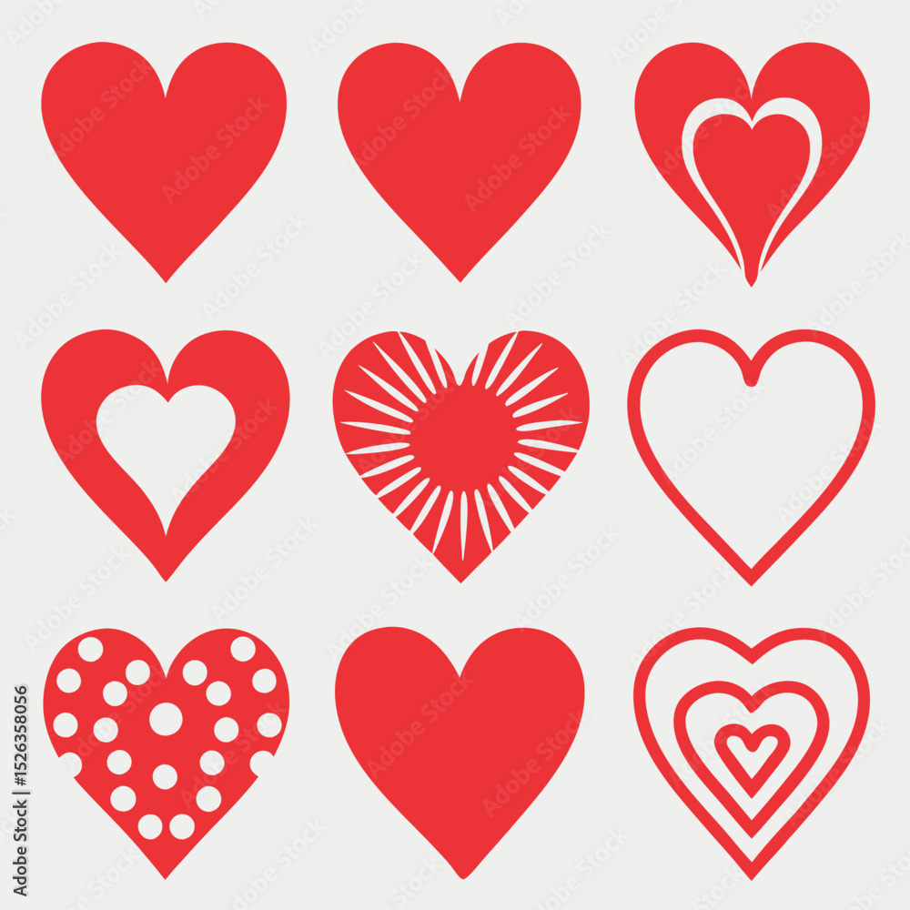 Vector illustration of a collection of red heart shapes in various designs and styles Vector illustration of a collection of red heart shapes in various designs and styles