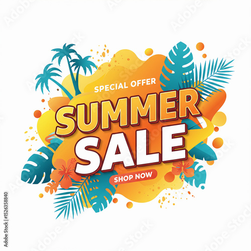 Summer sale banner with tropical leaves and palm trees on orange background, social media banner for sale