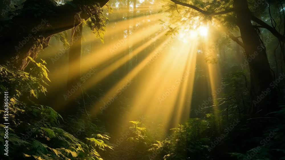 Golden rays illuminate a serene forest, creating a magical atmosphere. The vibrant green foliage enhances the tranquil mood of the early morning light Golden rays illuminate a serene forest, creating a magical atmosphere. The vibrant green foliage enhances the tranquil mood of the early morning light