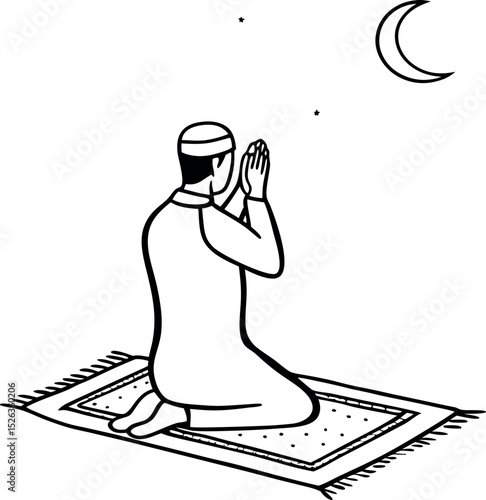 Silhouette of a Muslim man praying under moonlight