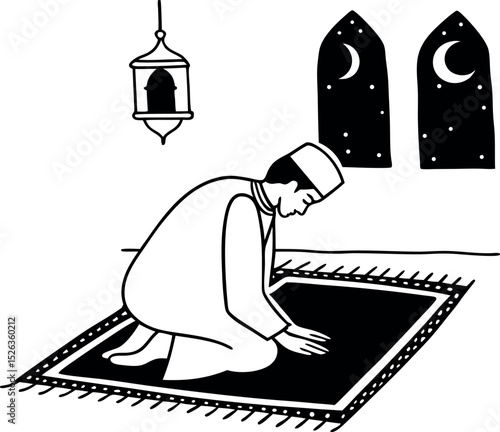 Namaz prayer silhouette with crescent moon background
