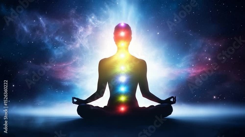 Meditative silhouette with chakra alignment against cosmic nebula background