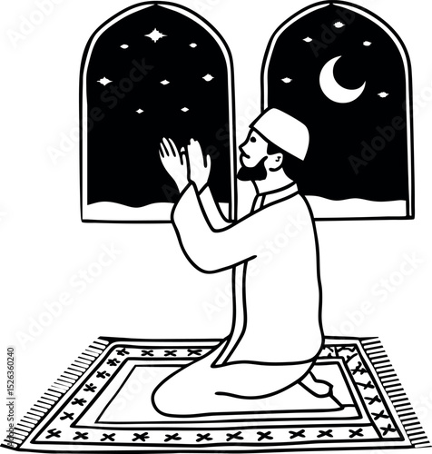 Namaz prayer silhouette with crescent moon background