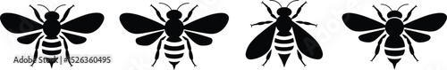 Bee silhouette vector illustration, insect icon set, flying bees collection, black wasp design, pollination concept, honeybee graphic, entomology art