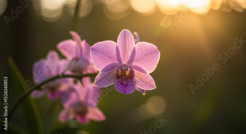 Delicate Orchid Blooms in Golden Light A Captivating Display of Floral Beauty and Serenity Against a Soft Background