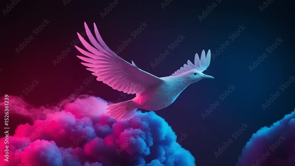 Neon dreams: A white dove soars above colorful smoke, a symbol of freedom and peace Neon dreams: A white dove soars above colorful smoke, a symbol of freedom and peace