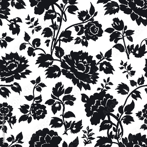 Elegant black and white floral pattern repeating seamlessly on white background for textile design
